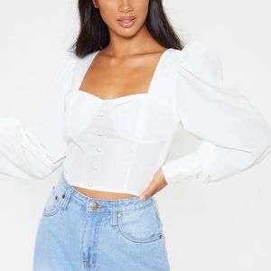 PLT Petite White Puff Sleeve Cropped Blouse
